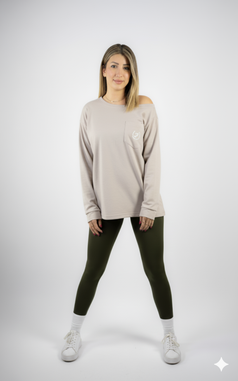 Long Sleeve Fitbody Tee Beige open Shoulder
