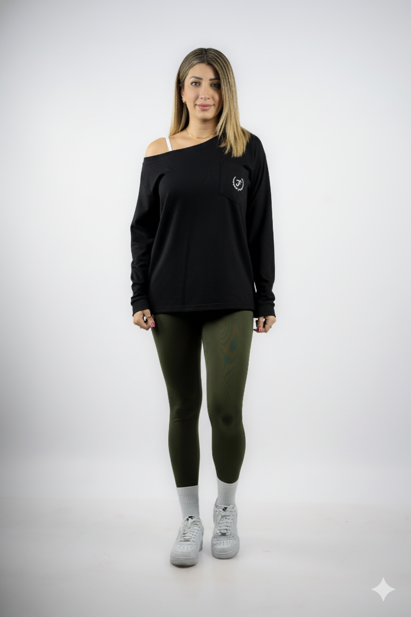 Long Sleeve Fitbody Tee Black open Shoulder